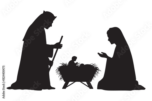  Nativity scene silhouette of mary joseph and baby jesus in manger silhouette