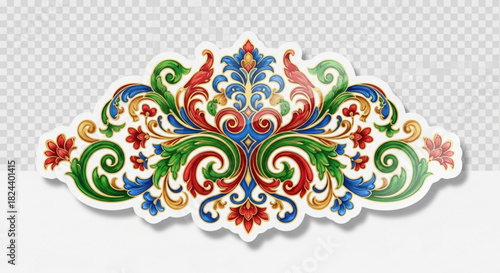 Colorful baroque floral ornament with intricate acanthus leaf scrollwork and vibrant red, blue, and green colors