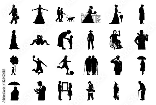 Assortment of human silhouettes representing professions, activities, and relationships