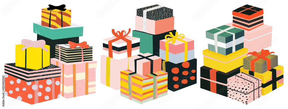 Fototapeta premium PNG Colorful stacked gift boxes, element set on transparent background