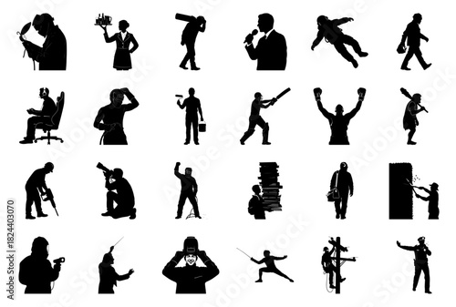 Diverse Silhouettes of People in Action and Professions Keywords: silhouette, people, man, woman