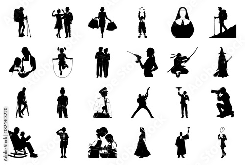 Silhouette collage of people in various professions and activities