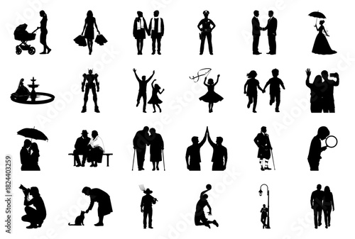 Montage of human silhouettes depicting family, professions, and leisure