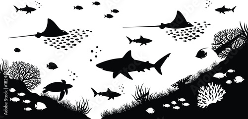 Underwater ocean silhouette, stingrays, sharks, sea turtle, coral reef, fish school, marine life, black illustration, nature scene, ecosystem art