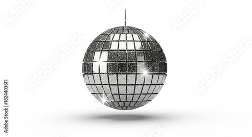 A shiny silver disco ball hanging against a pure, perfect for party and music themes