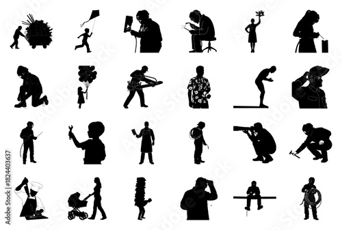 Silhouette Collection of Workers and Daily Life Scenes Keywords: silhouette, worker with cart