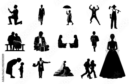 Silhouette grid of romantic moments and family interactions