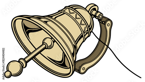 Illustration of a golden bell with a clapper and a rope attached to the side handle design