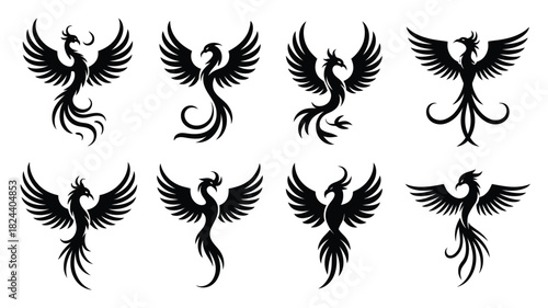 Collection of phoenix bird illustrations black silhouette vector designs mythical creature symbol isolated on white background