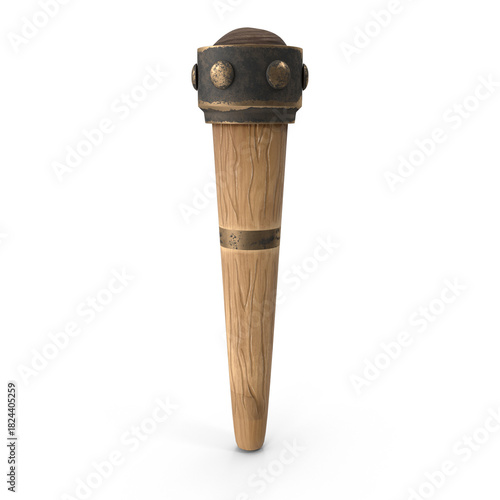 Vintage medieval torch with metal cage top and wooden handle isolated