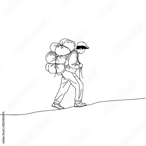 Line drawing of a person with a large backpack walking uphill on a line in black and white style art
