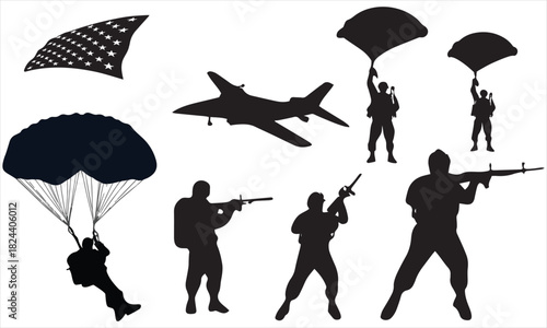 Military Paratrooper Silhouette Set – Army Soldiers, Aircraft, and Flag Vector Design