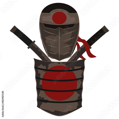 Vector icon of a highly detailed Japanese ninja/samurai warrior with mask, armor, and crossed swords. Assassin class emblem is ideal for high-rank symbols, martial arts badges, and game UI assets