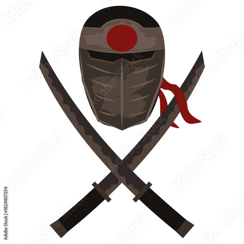Isolated vector icon of a stylized Japanese ninja mask (Menpo) and two crossed dark swords. This Assassin combat emblem is ideal for high-rank symbols, martial arts badges, and fantasy game UI