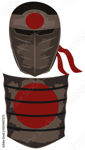 Isolated vector icon of a stylized Japanese ninja mask (Menpo) and torso armor segment. This dark stealth warrior emblem is ideal for Rogue class rank symbols, oriental badges, and game UI assets