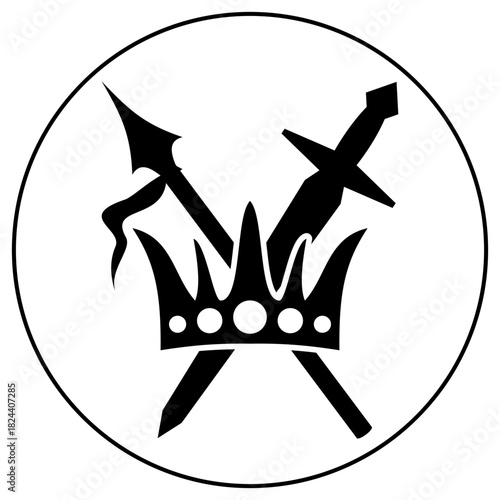 Black round icon featuring a crown over crossed sword and spear, symbolizing royal power, military honor, and ultimate victory. Ideal vector badge for fantasy gaming or elite corporate branding