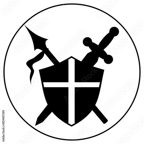 Black round icon featuring a shield with a cross, a sword, and a spear, symbolizing protection, faith, and medieval knighthood. An ideal vector badge for historical or fantasy gaming logos