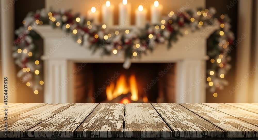 Fototapeta premium Cozy fireplace with christmas garland and empty rustic table, festive mood