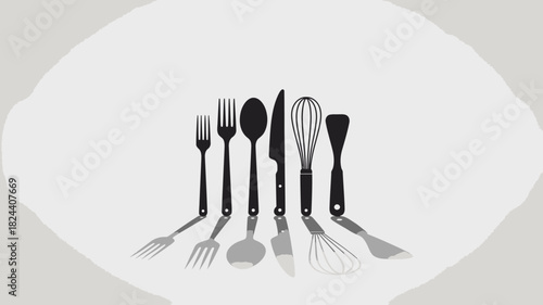 Kitchen utensil silhouettes including forks spoons knives and whisks perfect for culinary design and restaurant branding
