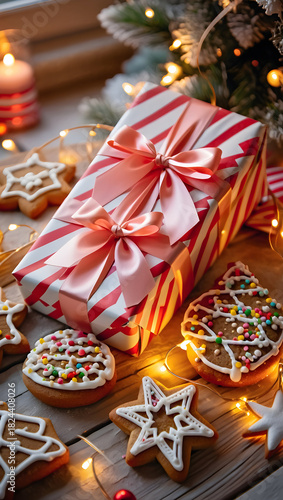 Christmas gift boxes with gingerbread cookies and festive lights