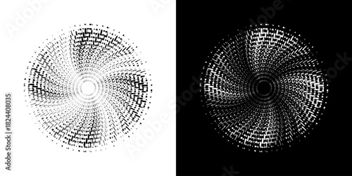 Dynamic abstract spiral sound wave rhythm lines. Circular spiral sound wave rhythm of lines. Circular futuristic abstract lines, black and white background.	