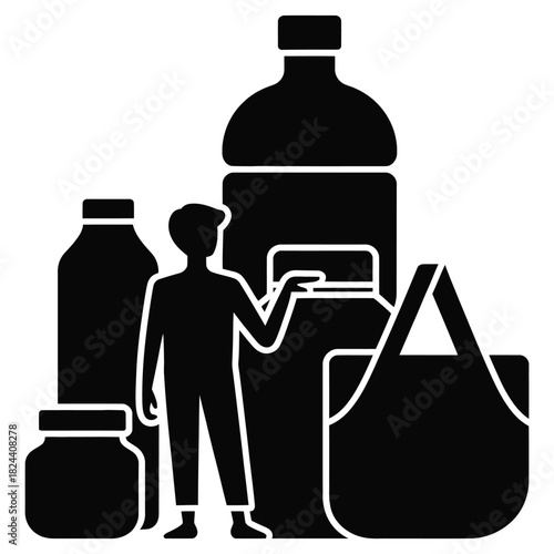 A person stands among plastic bottles and a reusable bag, symbolizing environmental responsibility, sustainable living, and the importance of recycling and waste reduction for a greener world