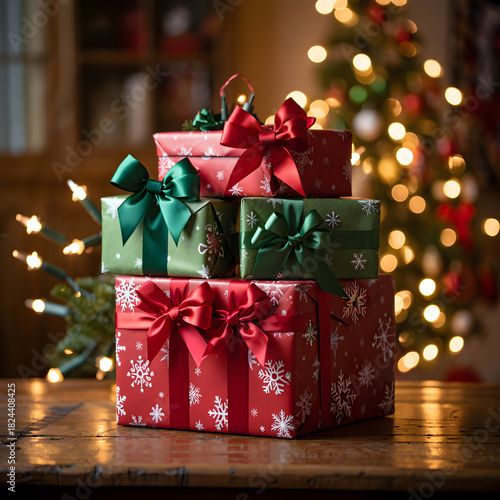 Stacked christmas gifts with bows on wooden table