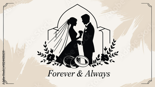Elegant wedding couple silhouette with rings and floral accents vector illustration for invitations cards or romantic designs