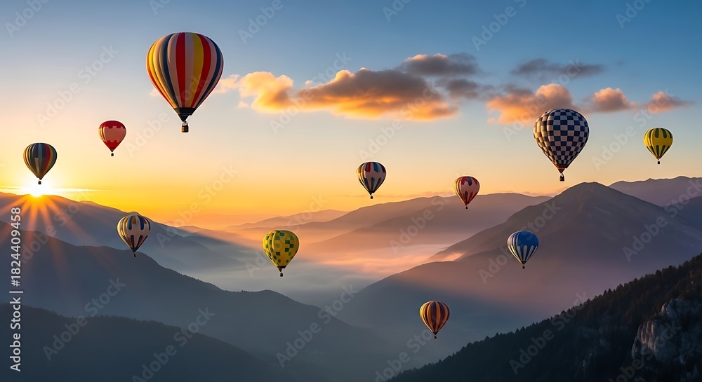 Fototapeta premium Colorful hot air balloons ascend over misty mountains at sunrise