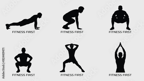 Set of fitness exercise icons silhouette vector illustration of workout poses isolated on white background