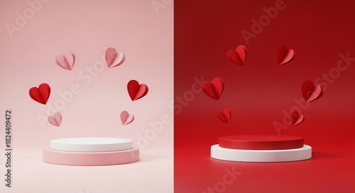 Split pink and red background display with product podiums and floating paper hearts for Valentine's Day.