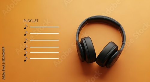 Black overear wireless headphone resting on a solid orange background next to a music playlist