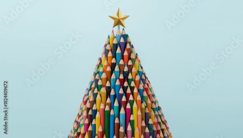 colorful christmas tree, 
Christmas card. Christmas tree made from colored pencils.