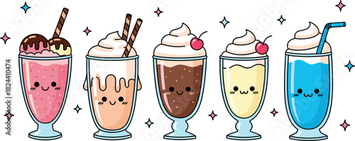 Adorable set of five colorful Kawaii cartoon drink mascots: milkshakes, frappes, and soda, all featuring happy smiling faces, whipped cream, and sparkling star backgrounds.