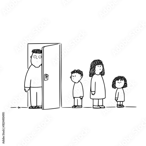 A man peers through a door while two children and a woman stand in a line looking to the right side