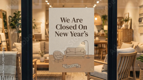 Store window closed sign for New Years holiday shop, closed sign, new years, holiday, store, shop, window, display, furniture store, interior, sofa, armchair, lamp, banner, happy new year, announcemen