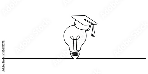 Continuous line drawing of bright lightbulb wearing graduation cap logo identity. Smart study academy logotype icon template concept. Graphic illustration
