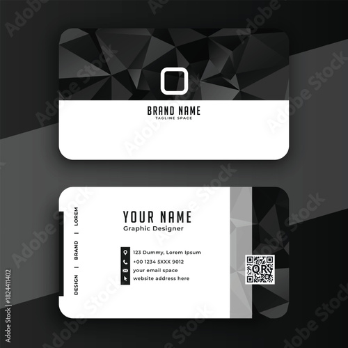black and white business identity card layout in low poly style