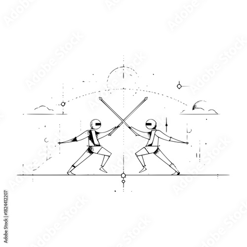 Two fencers in stylized black and white facing each other with swords crossed in a sketched background