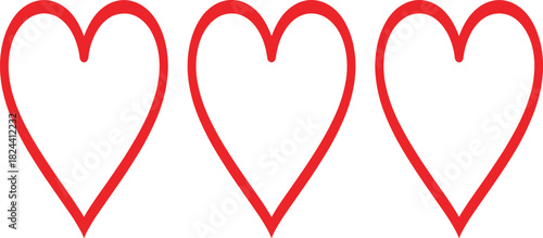 Set of Three Red Heart Outline Vector Icons, Symbolizing Love, Romance, Health, Life, Emotion, Like Button, and Favorite Concepts