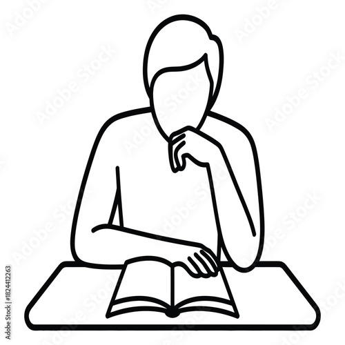 A person is sitting at a desk, deeply engrossed in reading an open book, with one hand on the page and the other supporting their chin in a thoughtful pose, isolated on