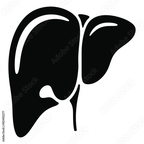 Black silhouette of the human liver, a vital organ responsible for detoxification, metabolism, and protein synthesis, isolated on