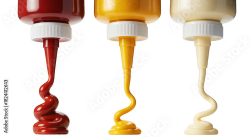 Red ketchup yellow mustard and white mayonnaise sauces dripping from bottles isolated on a transparent background