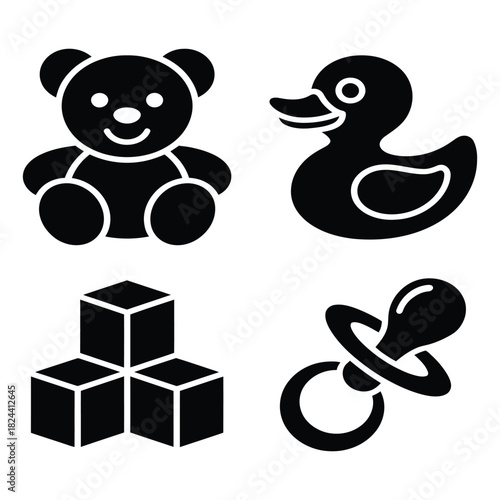 Classic baby and child items a teddy bear, rubber duck, building blocks, and a pacifier, presented as bold black silhouettes, isolated on a