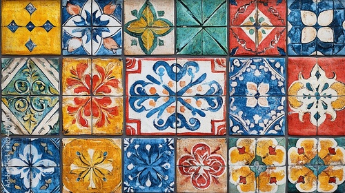 Vibrant and colorful ceramic tiles arranged in a decorative pattern, showcasing traditional mediterranean design