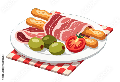 Appetizer plate with olives, tomato, and cured meats