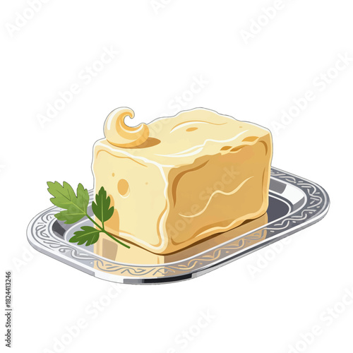 Block of butter with parsley garnish on a decorative plate