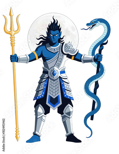 Blue Mythological Warrior with Trident and Snake