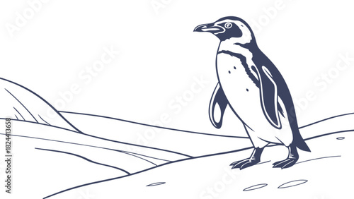 A penguin standing on a hill with mountains in the background in black and white illustration style