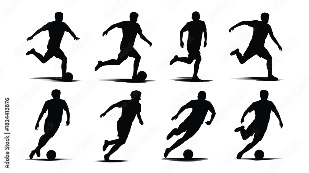 Obraz premium Set of soccer player silhouettes action poses of football players kicking the ball vector illustration isolated on white background